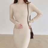 Women Crew Neck Long Sleeve Basic Casual Knitted Dress Fall Winter Knee Length Midi Dress Elegant Ribbed Bodycon Dress