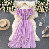 Women Solid Color Casual Chiffon Dress Elegant Double Ruffle Sexy Off Shoulder Dress Summer Clothes Sundress