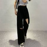 Women Casual Sweatpants Korean Style Solid Color Hole Elastic High Waist Loose Straight Pants