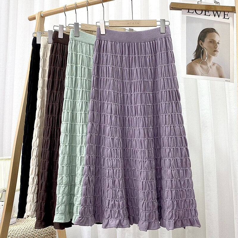 New High Waist Women Casual Knitted Midi Skirts Elastic Waist Elegant A Line Long Skirts