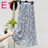 Summer New Vintage Floral Print Chiffon Pleated Skirt Elastic High Waist Casual Midi Skirt