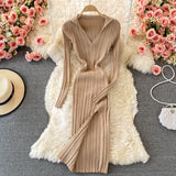 Winter Lapel Collared V Neck Ribbed Knitted Midi Dress Elegant Long Sleeve Side Slit Sexy Bodycon Dress