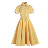 Turn-Down Collar Buttons Yellow Vintage 50s Plaid Midi Shirt Elegant Summer Belted Retro Dress