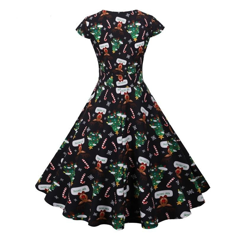 Multicolor Print Red Christmas Gift Women Party O Neck High Waist Cap Sleeve Vintage 50S Style Dress