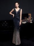 V Neck Sleeveless Mermaid Party Dress Sequins Backless Women Prom Gowns Floor Length Long Evening Robes