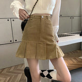 Women A-line Mini Skirts Korean Style Vintage Corduroy Solid Color High Waist Ladies Elegant Short Skirt