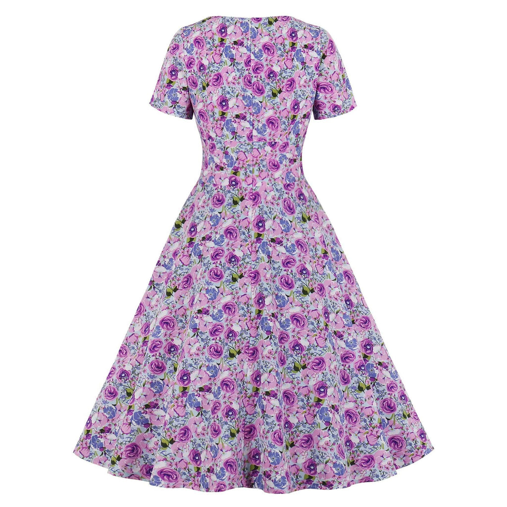 Bohemian Beach Floral Women Casual Party Dress With Bow Short Sleeve 50s 60s Big Swing Rocakbilly Pin Up Vintage Sundress
