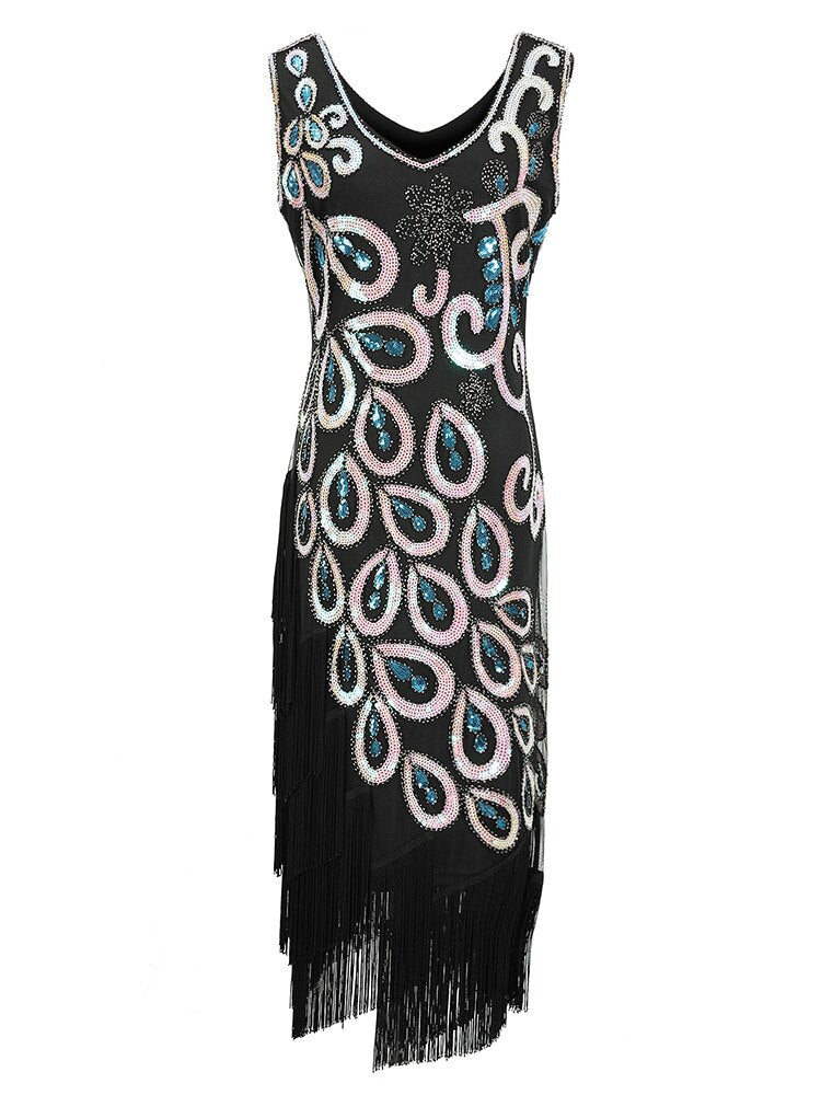 Peacock Pattern Tassel Party Dress Bead Banquet Toasting Evening Dress 1920s Vintage Sequin Prom Gown With Accessories