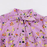 Lavender Bow Tie Neck Button Up Multicolor Print Midi Short Sleeve High Waist Vintage Slim Ruffle Dress