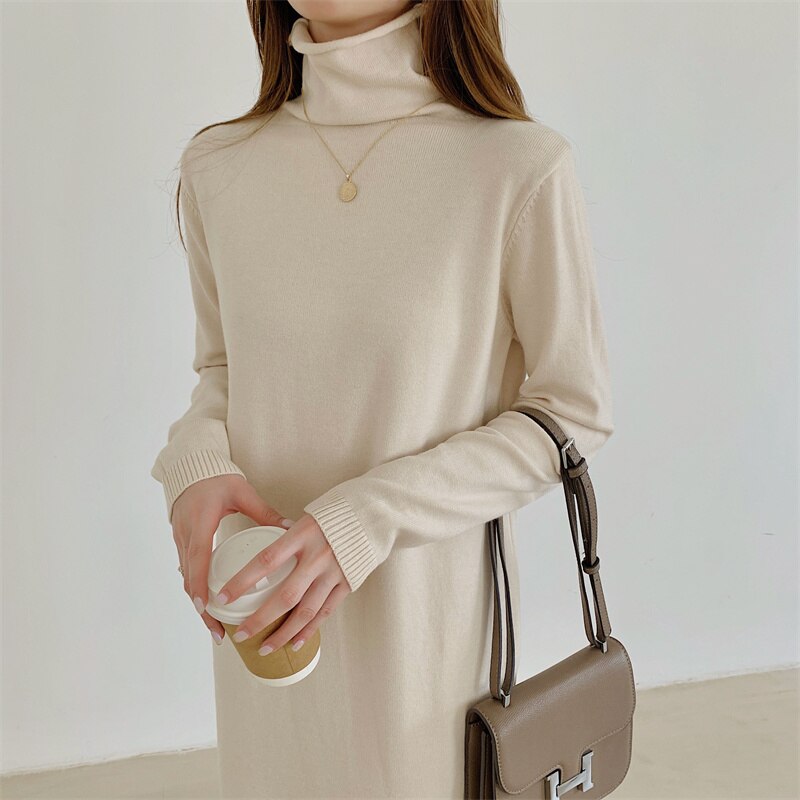 Winter Fall Long Sleeve Turtleneck Knitted Dress Solid Casual Chic Straight Elegant Midi Dress