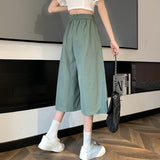 Women High Waist Wide Leg Pants Korean Style Solid Color Loose Ladies Calf-length Casual Pants