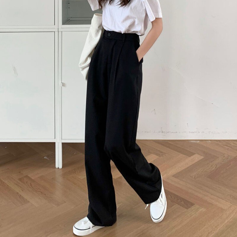 Women High Waist Casual Pants Korean Style Solid Color All-match Loose Ladies Straight Trousers