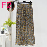 Summer New Vintage Floral Print Chiffon Pleated Skirt Elastic High Waist Casual Midi Skirt