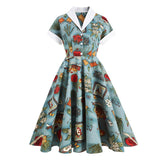 Multicolor Print 50s Style Rockabilly Vintage Swing Button Up Pinup Robe Female A-Line Midi Cotton Dress