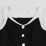 Women Single-Breasted Buttons Black Patchwork Vintage Rockabilly 50s Summer Sleeveless Cotton A-Line Dress