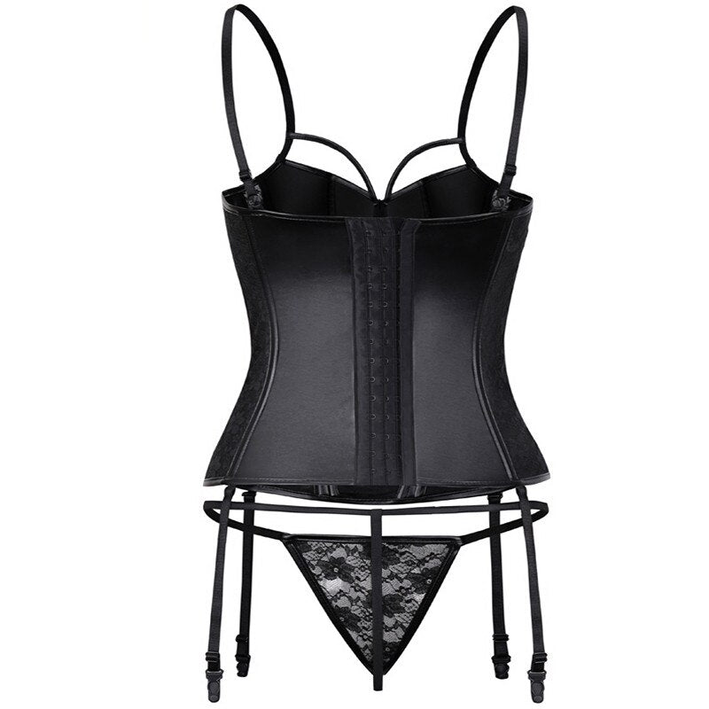 XS-6XL Sexy Shinny Leather Women's Vintage Push Up Black Lace Overbust Corset Bustier Lingerie Top With Suspenders