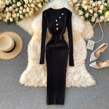 Autumn Winter Women Knitted Dress Long Sleeve Knee Length Midi Dress Elegant Pearl V Neck Sexy Bodycon Dress With Belt