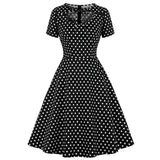 2021 Slim Fit Cotton Black Women Party Dress Small Polka Dot Printing Short Sleeve Swing Causal Office OL Rockabilly Sundress