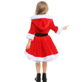 Kids Girls Red Velvet Santa Claus Hoodies Dress with Belt Christmas Cosplay Costume New Year Child Xmas Party Fancy Dress