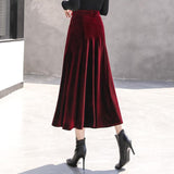 Velvet Long Women Korean Style Red Black Maxi Skirt Autumn Winter High Waist Skirt