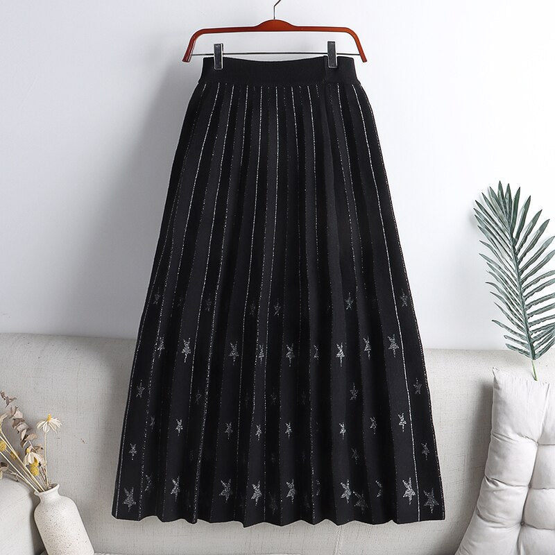 Elastic High Waist Casual Pleated Skirt A Line Elegant Star Patterned Knitted Skirt
