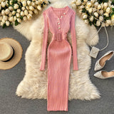 Autumn Winter Women Knitted Dress Long Sleeve Knee Length Midi Dress Elegant Pearl V Neck Sexy Bodycon Dress With Belt