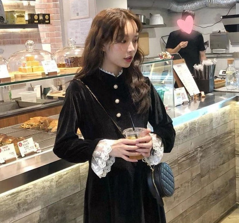 Velvet One Piece Dress Korean Fashion 2021 Winter Vintage Midi Dress E – jetechband