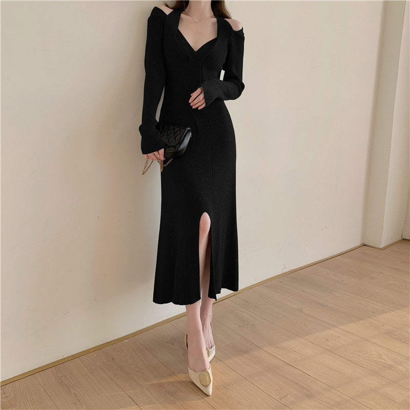 Winter Long Sleeve Thick Warm Ribbed Knitted Dress Women Sexy Cold Shoulder V Neck Twist Elegant Midi Dress With Slit