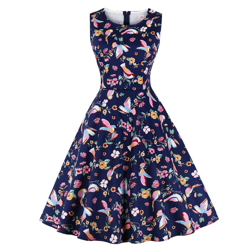 Lobster Floral Bird Print 50s Pinup A Line Vintage Dress Women Summer Round Neck 50s 60s Big Swing Casual Rockabilly Dresses