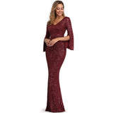 Burgund Evening Dress Long Sleeve Elegant Mermaid Long Formal Evening Party Dress V-neck Shiny Sequined Formal Prom Gowns