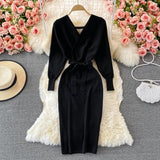 Women Sexy Crossover V Neck Long Sleeve Knitted Dress Autumn Winter Midi Dress With Belt Elegant Bodycon Dress