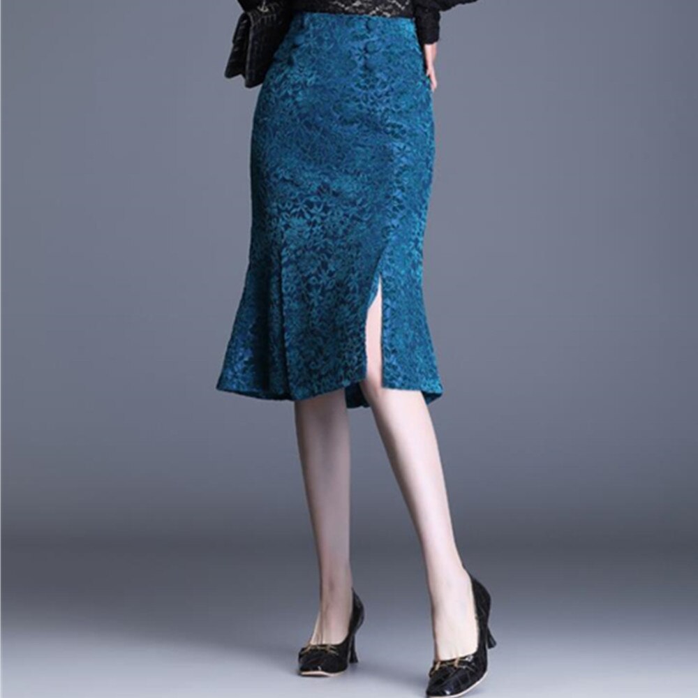 Long Vintage Trumpet Women Korean Solid High Waist Mermaid Lace Skirt