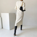 Elegant Winter Warm Thick Soft Knitted Sweater Dress Woman Long Sleeve U Neck Bodycon Midi Dress