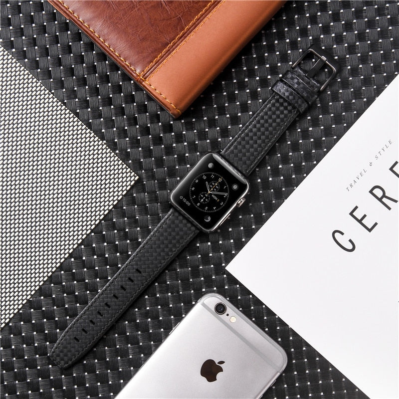 Genuine Leather Carbon Fiber Strap For Apple Watch Bracelet