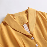 Turn Down Collar Button Up Yellow Elegant Office Women Summer Dress Solid Color 1950S Vintage Style Ladies Midi Dresses