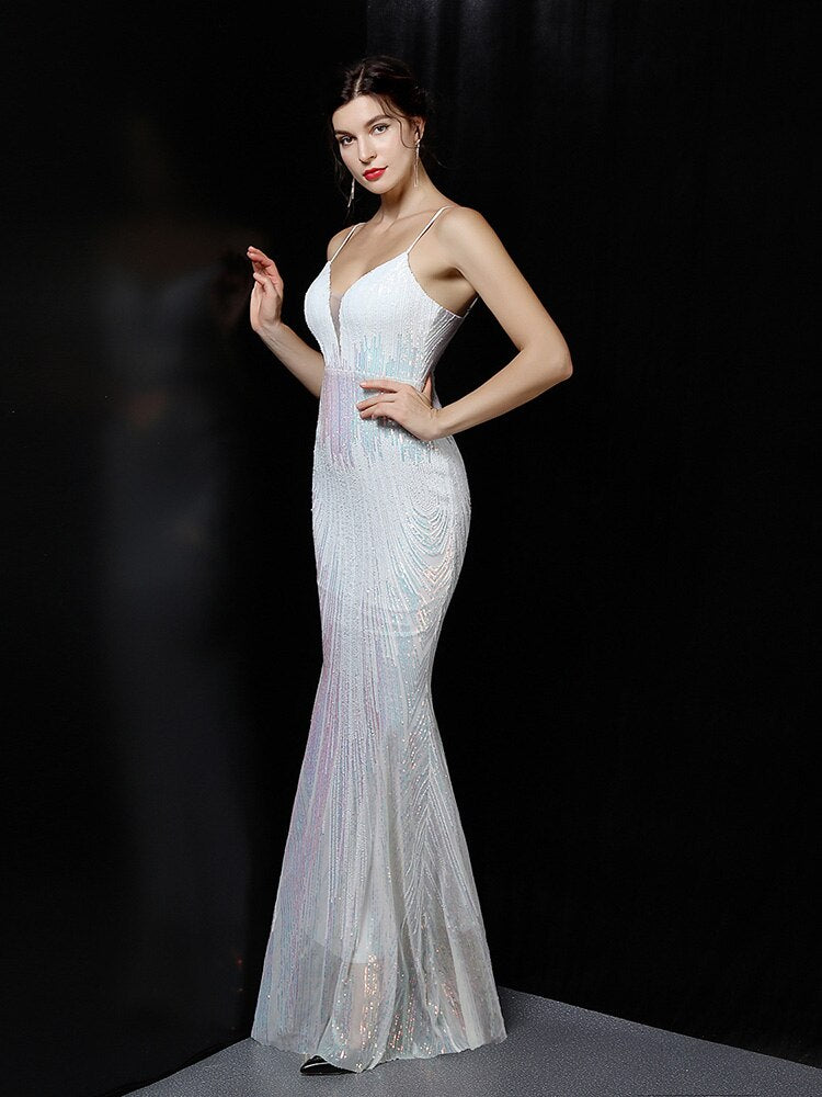 Gradient Sequins Cocktail Dress V-Neck Backless Sexy Sleeveless Party Dress Women Spaghetti Strap Formal Prom Party Gown
