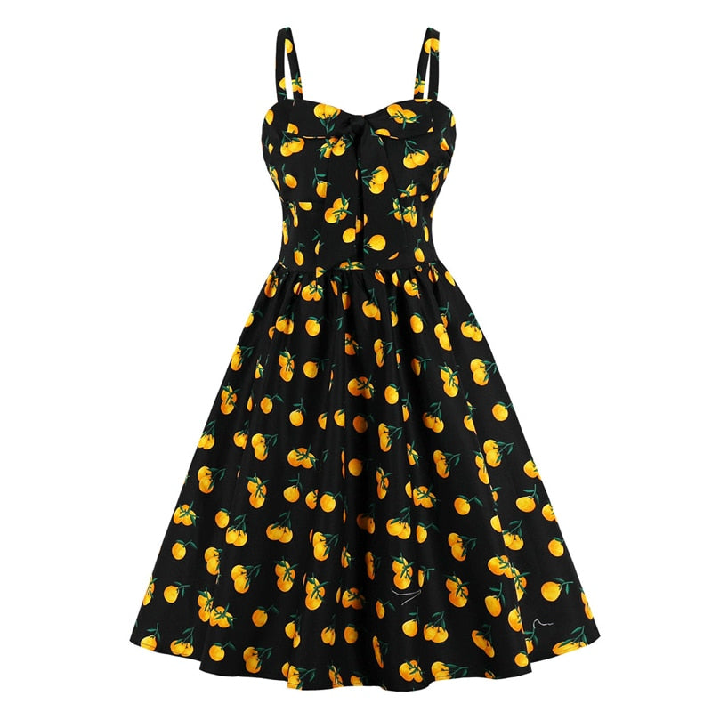 Multicolor Print Bow Front 50s Vintage High Waist Pleated Spaghetti Strap Elegant Party Pinup Dress