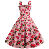Strawberry Print Strap Summer Dress 2021 Women 50s 60s Robe Vintage Pinup Retro Party Rockabilly Vestidos Elegant Sweet Clothes