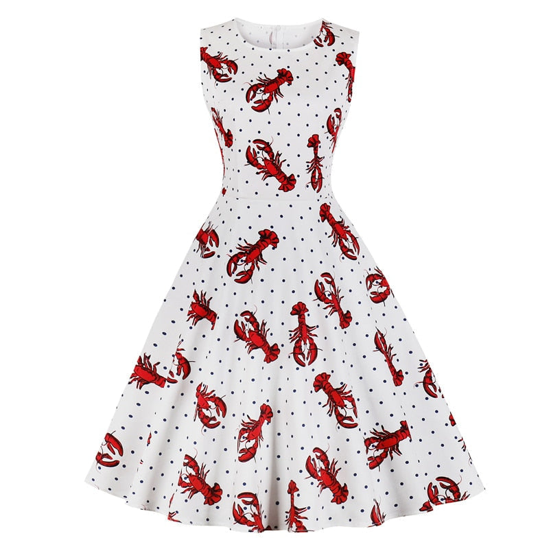 Lobster Floral Bird Print 50s Pinup A Line Vintage Dress Women Summer Round Neck 50s 60s Big Swing Casual Rockabilly Dresses