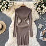 Autumn Winter Women Clothing Mock Neck Long Sleeve Ribbed Knit Sweater Dress Night Club Sexy Mini Knitted Bodycon Dress