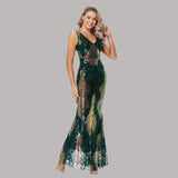 Plus Size Cocktail Long Sexy Mermaid V Neck Sleeveless Sequins Formal Party Dress