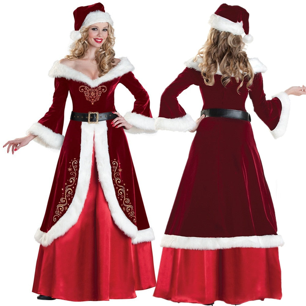 Santa Claus Suit Adult Women Christmas Cosplay Costume Sexy Red Deluxe Velvet Fancy 3pcs Set Xmas Party Woman Dress S-XXL