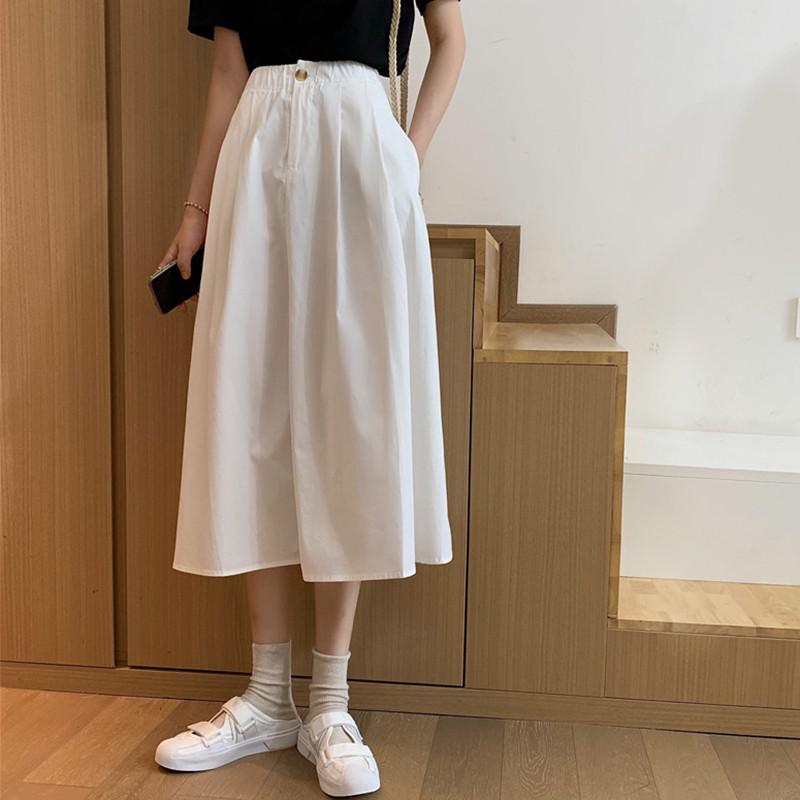 Women High Waist Casual Skirts Korean Style Streetwear Solid Color Loose Ladies A-line Long Skirt