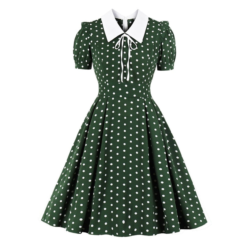 2021 Turn-down Collar Tie Front Polka Dot Vintage Robe Women Green 50s Pin Up Dress Short Sleeve Elegant Summer Pleated Dress
