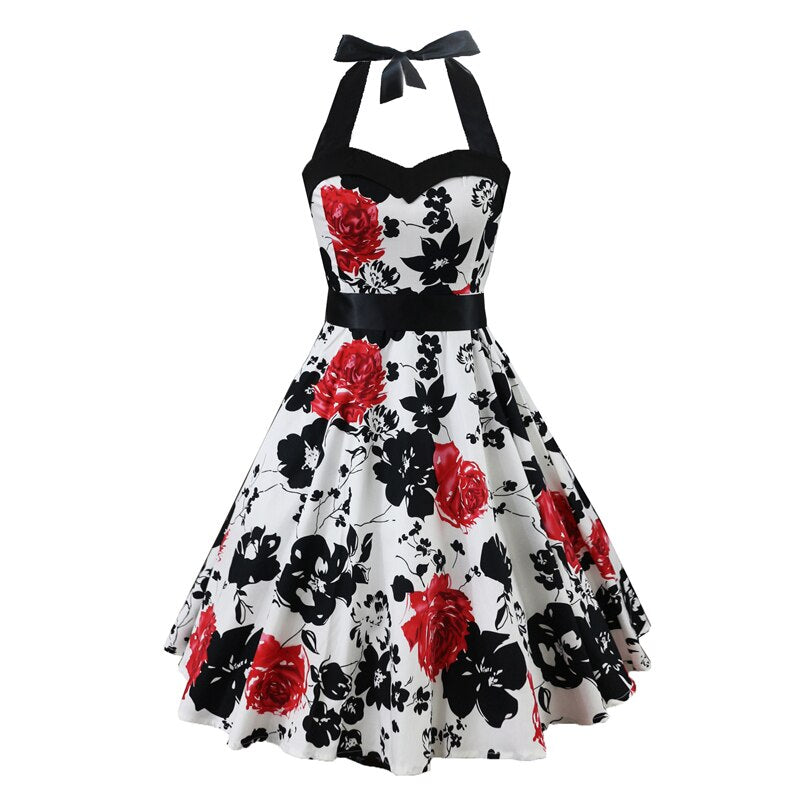 High Waist Floral Print Women 50s Style Pinup Vintage Party Halter Backless Lace Up Back Slim Dress