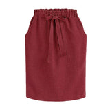 Women Elastic High Waist Pocket Skirt Cotton Linen Bodycon Skirts