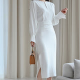 Women Chic Design Midi Dress Elegant Casual Office Lady High Wasit Fashion Slim Long sleeve Slit Dress