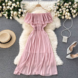 Women Solid Color Casual Chiffon Dress Elegant Double Ruffle Sexy Off Shoulder Dress Summer Clothes Sundress