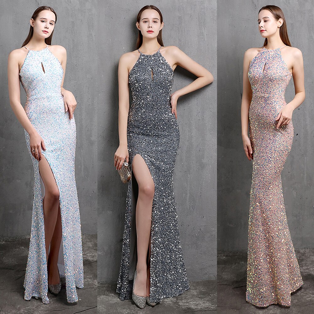 Halter Neck Sexy High Slite Cocktail Dress Sleeveless Shinning Sequins Party Dresses Slim Lady Formal Prom Gowns