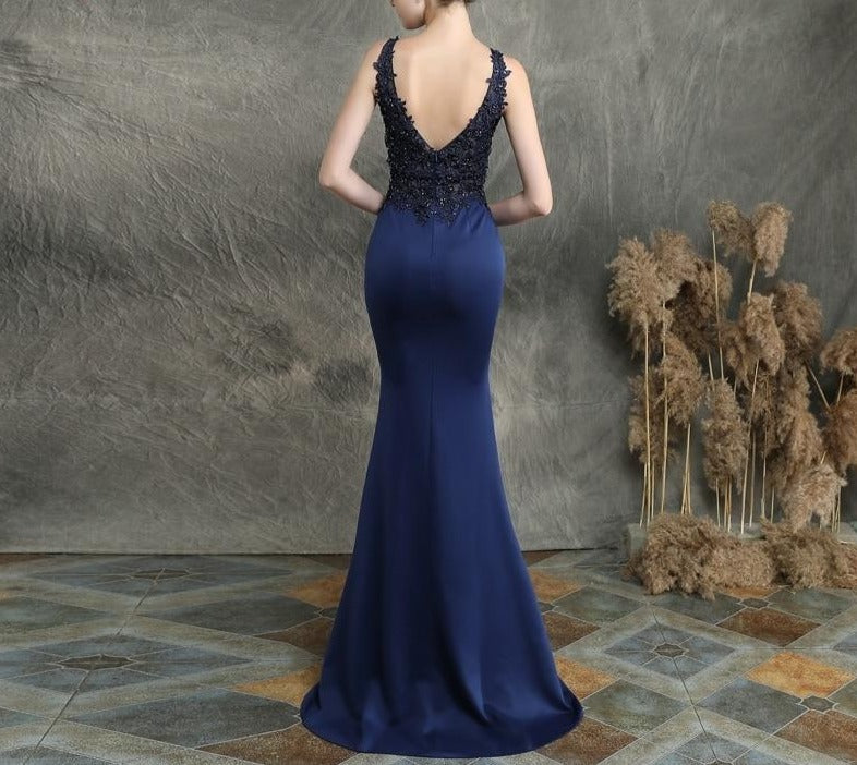 Navy Blue V-neck Appliques Beaded Long Evening Dress See through Elegant Evening Party Dress